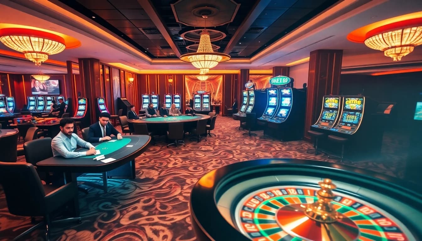 Players enjoying a thrilling gaming experience at Hi88 casino with vibrant slot machines.