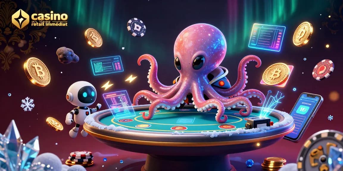 Casino en ligne retrait immédiat : poulpe extraterrestre à une table de poker holographique, ambiance cosmique amusante.