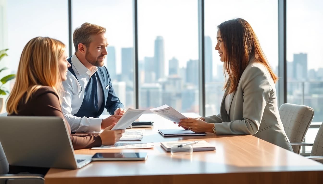 Real Estate agent assists clients in a modern office, showcasing professionalism and engagement.
