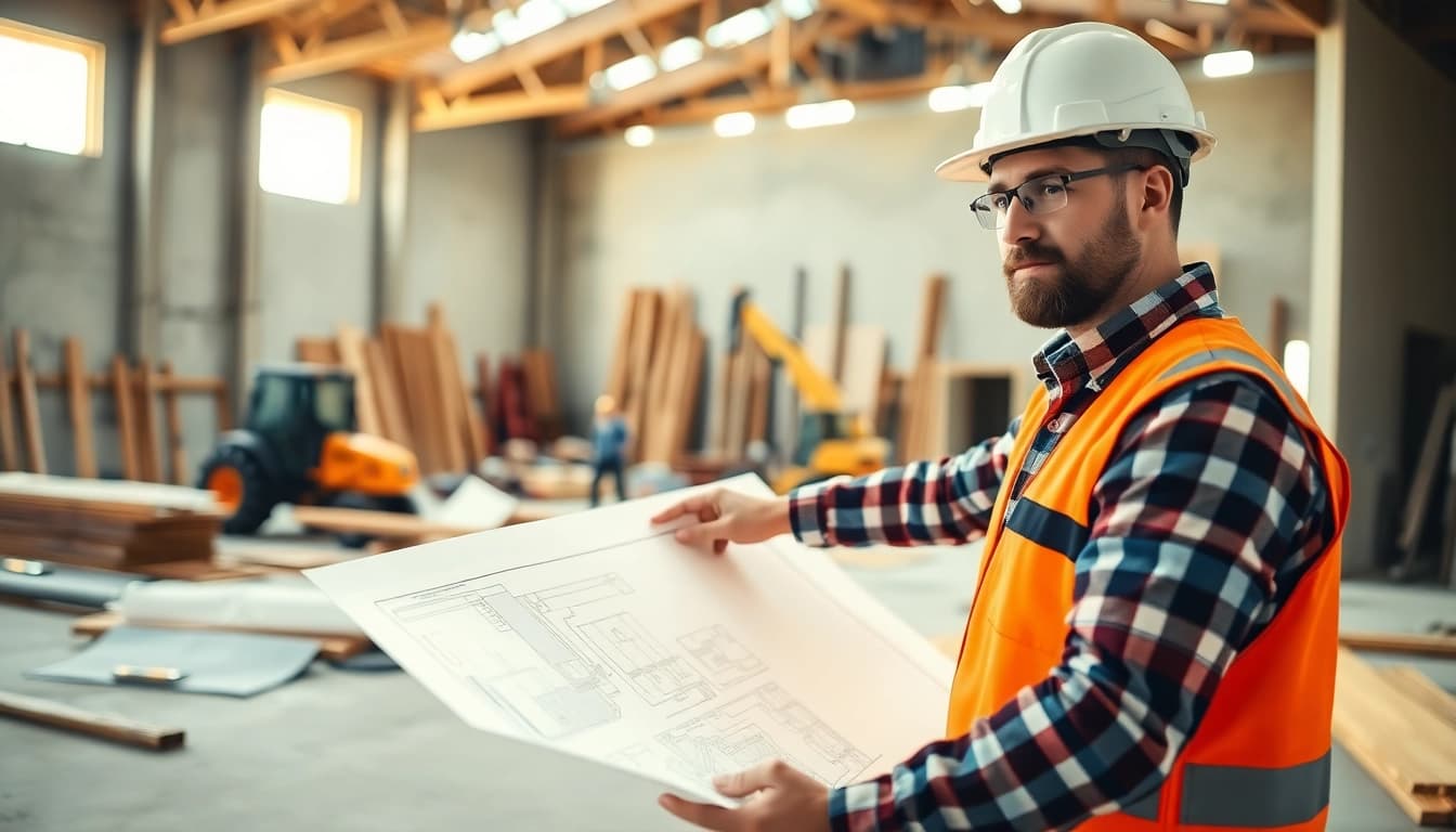 New Jersey General Contractor guiding a construction project with blueprints on site.