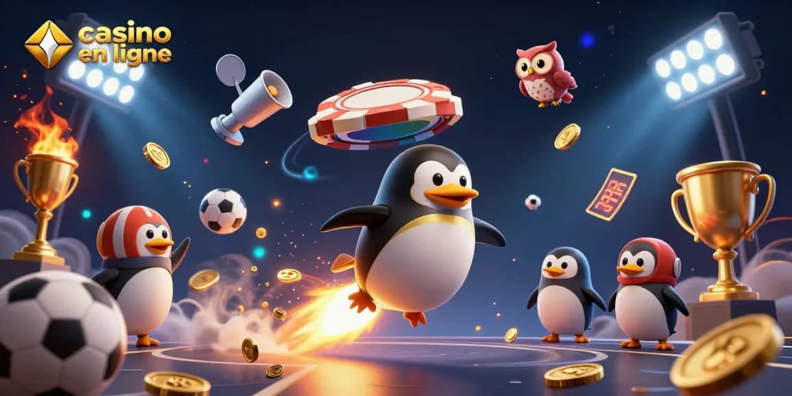 Casino en ligne : un pingouin doré propulsé par une fusée à travers l'espace, entouré d'éléments sportifs et de pièces d'or.
