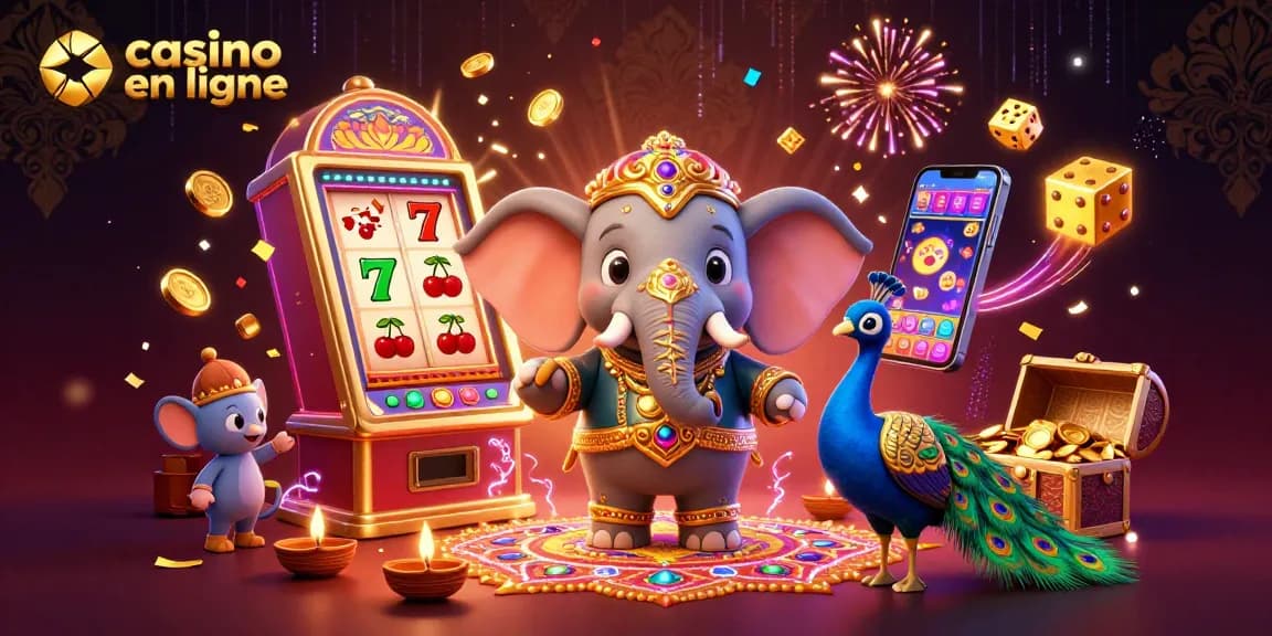 Profitez des jeux de casino en ligne avec un éléphant Diwali majestueux et des symboles colorés.