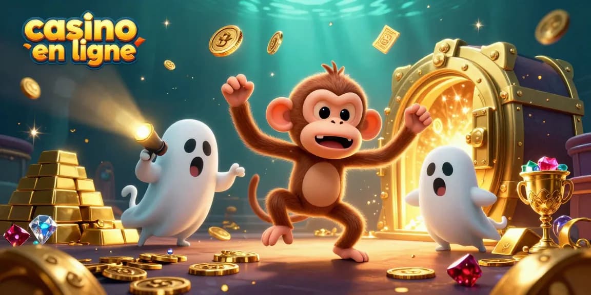 Profitez d'un casino en ligne avec un singe fantôme amusant jonglant des objets d'or dans un décor animé.