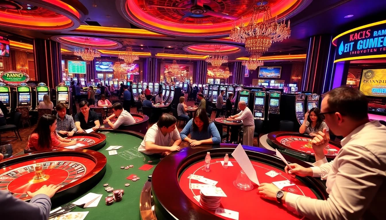 KJC AC 1 highlights the excitement of gambling with poker tables, slot machines, and vibrant casino activities.