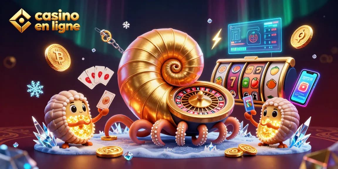 Profitez d'un fascinant casino en ligne avec une illustration d'un nautilus et des jeux de machines à sous.
