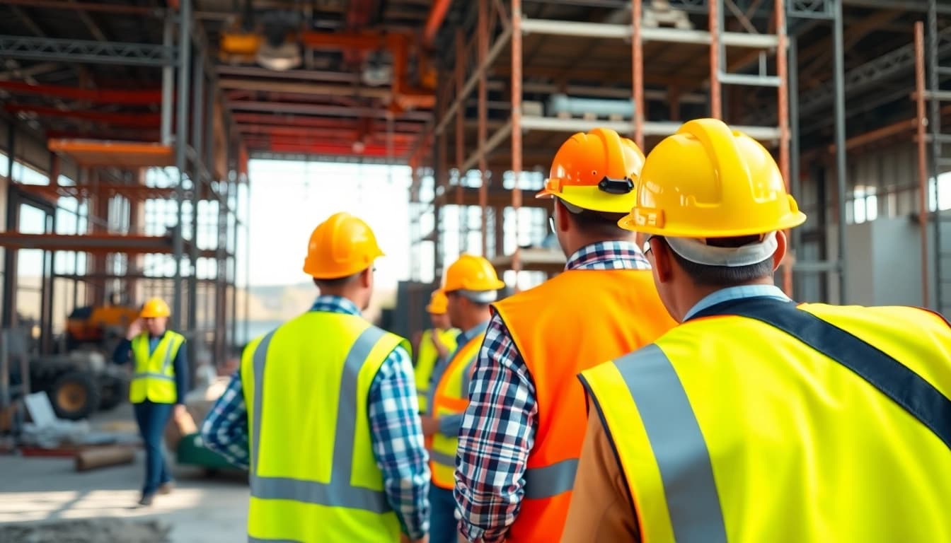 Ensure construction site safety with workers donning protective gear on an active job site.