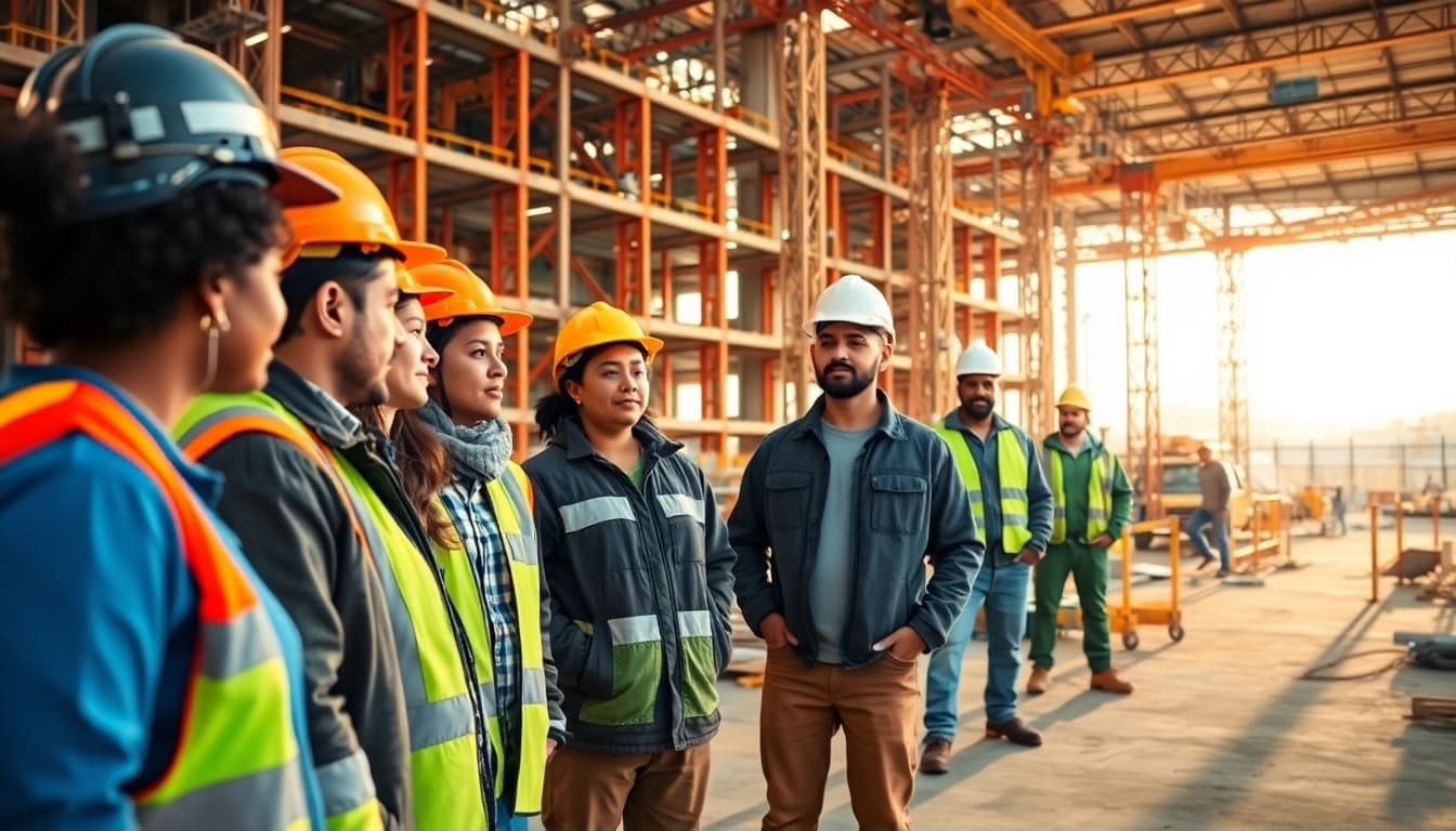 Construction workforce development reflects teamwork and training in a vibrant construction site scene.