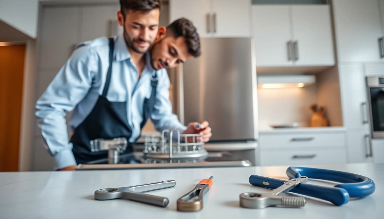 Expert performing Dishwasher Installation in a modern kitchen environment