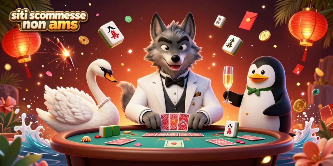 Scommetti con i siti scommesse non AAMS mentre il lupo elegante gioca a baccarat con il cigno e il pinguino che versa champagne.