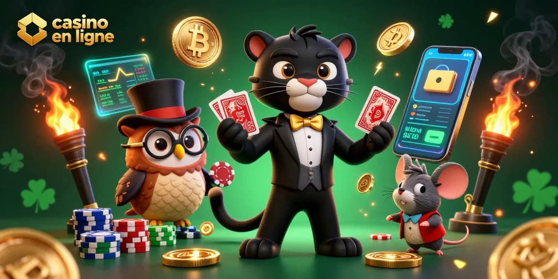Visualisez un casino en ligne avec une panthère élégante distribuant des cartes et des personnages amusants entourés de pièces de crypto-monnaie.