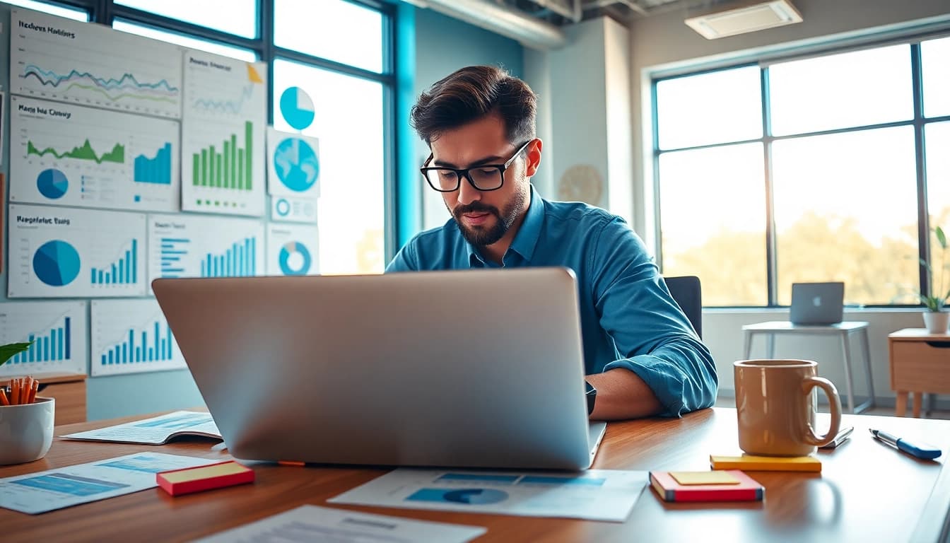 SEO expert analyzing digital marketing strategies in an engaging office setting.