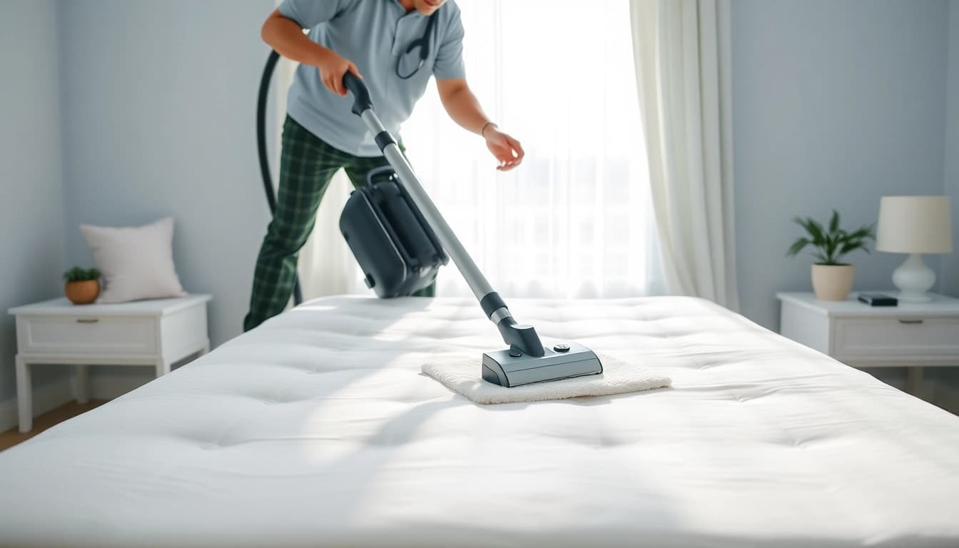 Experience top-notch mattress cleaning Dubai with a professional cleaner at work in a bright bedroom.