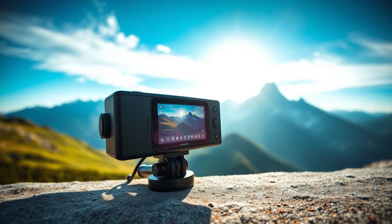 Capturing a thrilling moment with an Insta360 camera in a breathtaking mountain view.