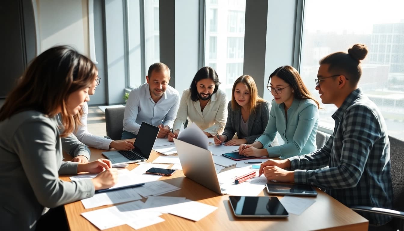 Engage in Customized Proposal Writing with a professional team discussing ideas at a modern workspace.