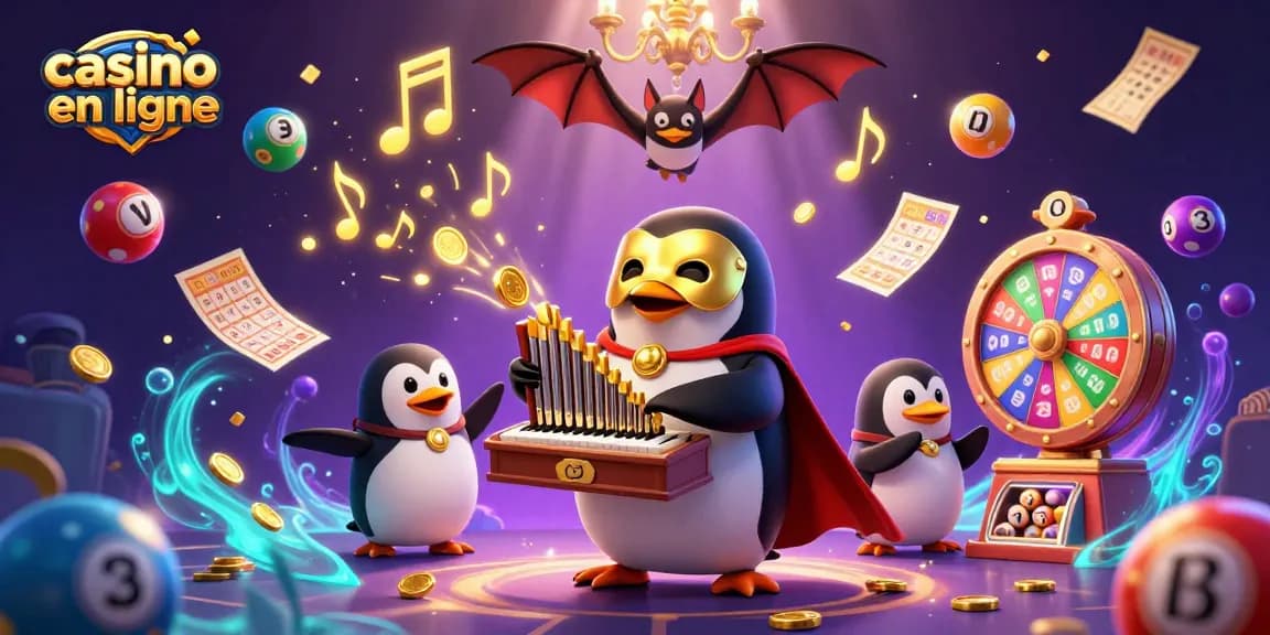 Actionner des gains avec le casino en ligne, illustré par un pingouin joueur d'orgue et des éléments ludiques.