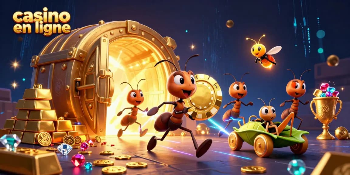 Les fourmis du casino en ligne transportent un jeton de poker en or dans une scène excitante.
