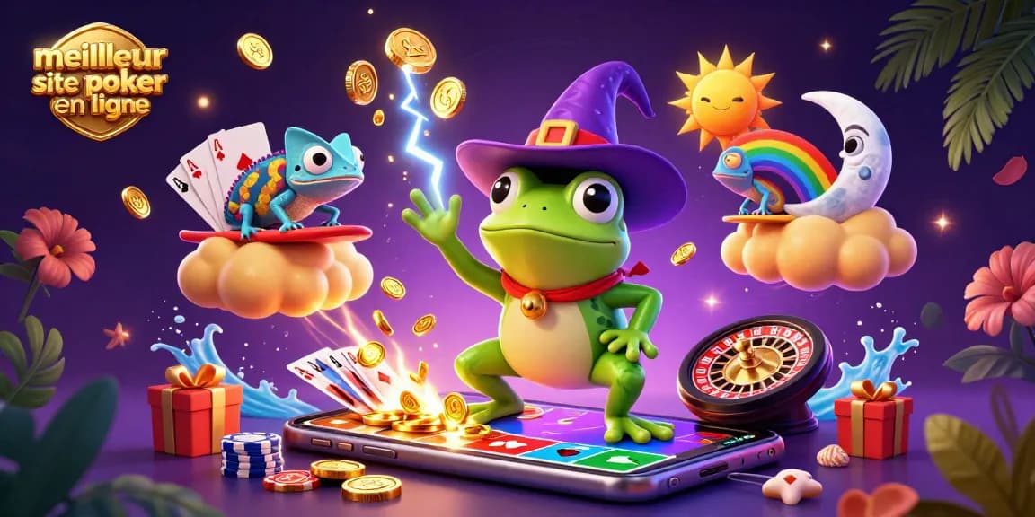 Découvrez le meilleur site de poker en ligne avec une illustration dynamique pleine de couleurs et d'action.