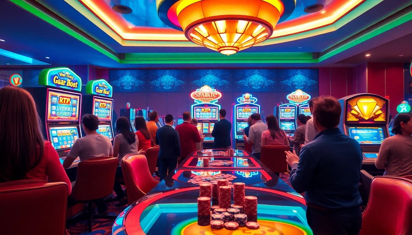 Engaged players enjoying RTP Pragmatic Play slot machines in a vibrant casino atmosphere.