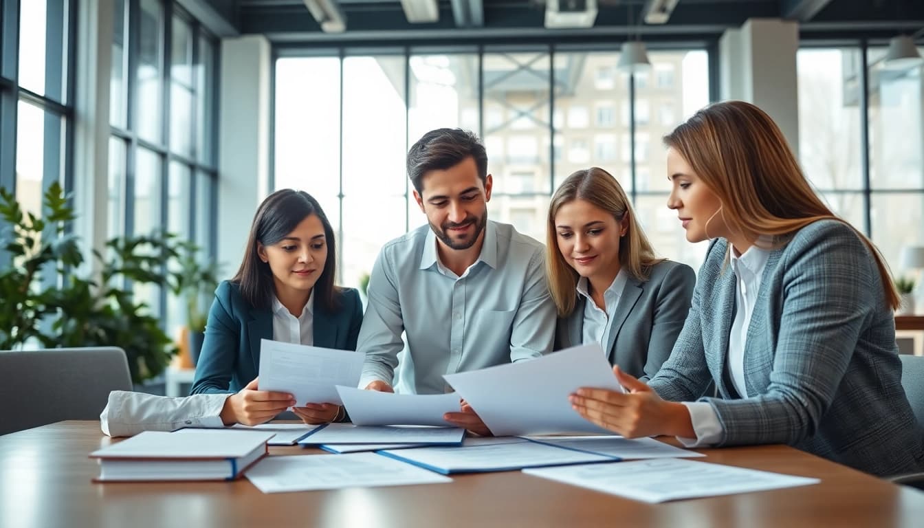 Engaged professionals in a debt collection uk office setting working collaboratively.