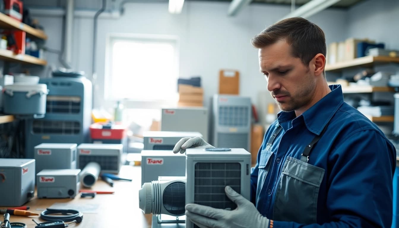 Find a reliable Trane parts dealer near me with professional technician assessing HVAC components.