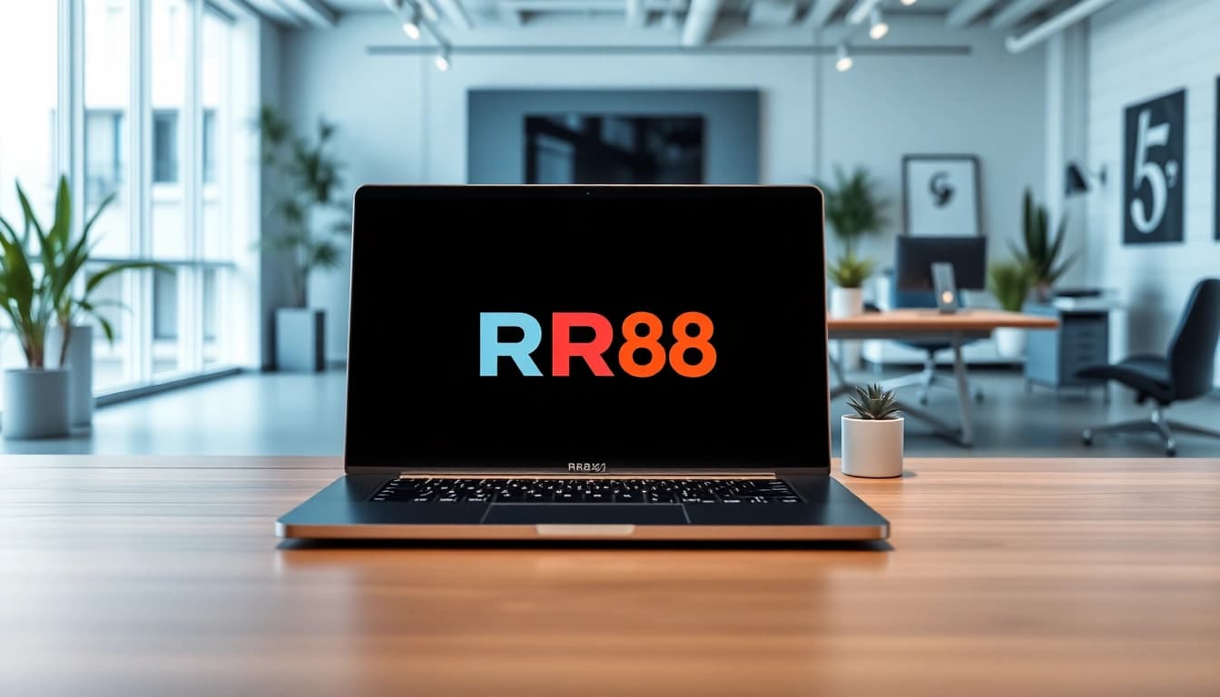 Showcasing a tech-savvy workspace featuring RR88 logo on a modern laptop and vibrant decor.