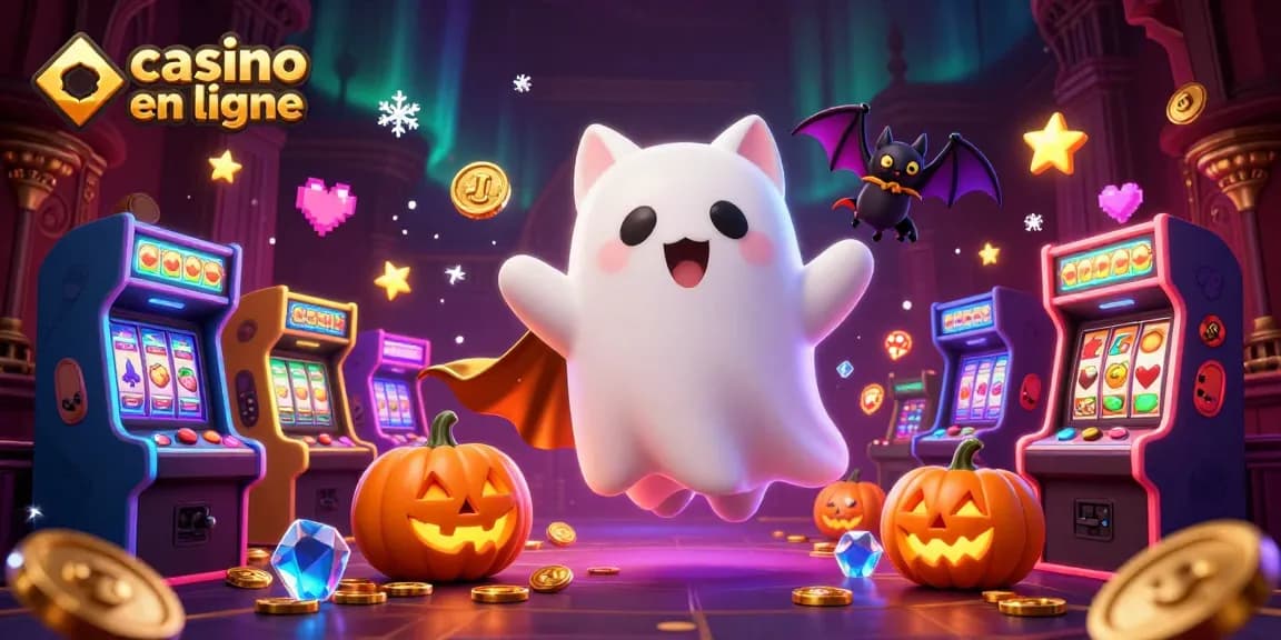 Découvrez l'univers du casino en ligne avec un chat fantôme, une chauve-souris et des éléments de jeu scintillants.