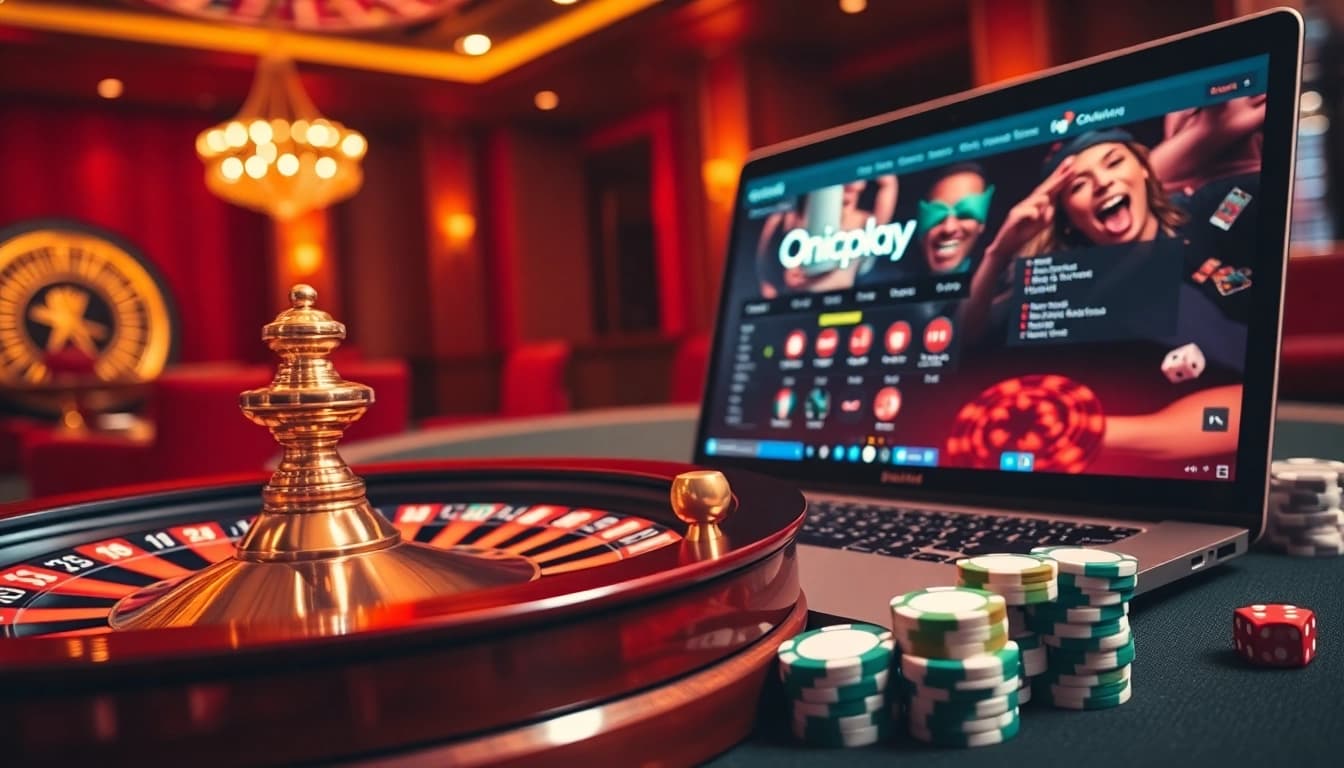 Experience thrilling gameplay on Onicplay with a vibrant roulette wheel and poker chips.