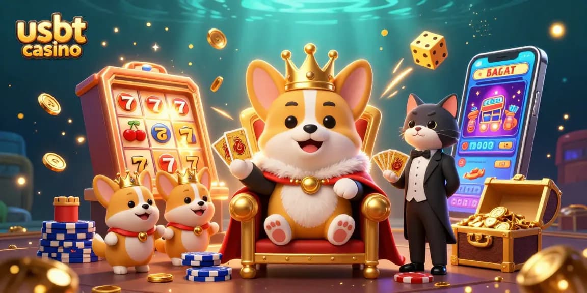 Gioca nei migliori casinò usdt con il corgi reale su un trono di fiches, circondato da simboli e giochi.