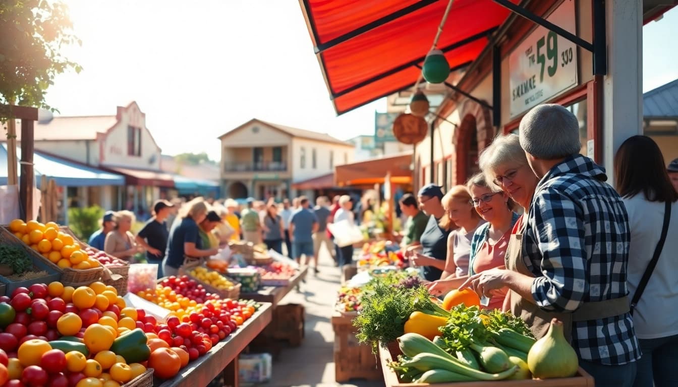 Experience the vibrant local market scene in Clarksburg, CA, bustling with vendors and shoppers.