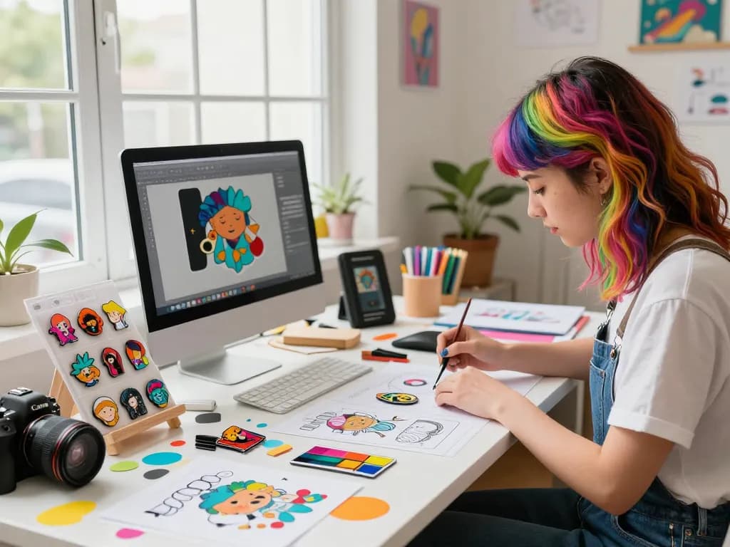 Creative workspace showcasing custom acrylic pins being designed by an artist, full of vibrant colors and tools.