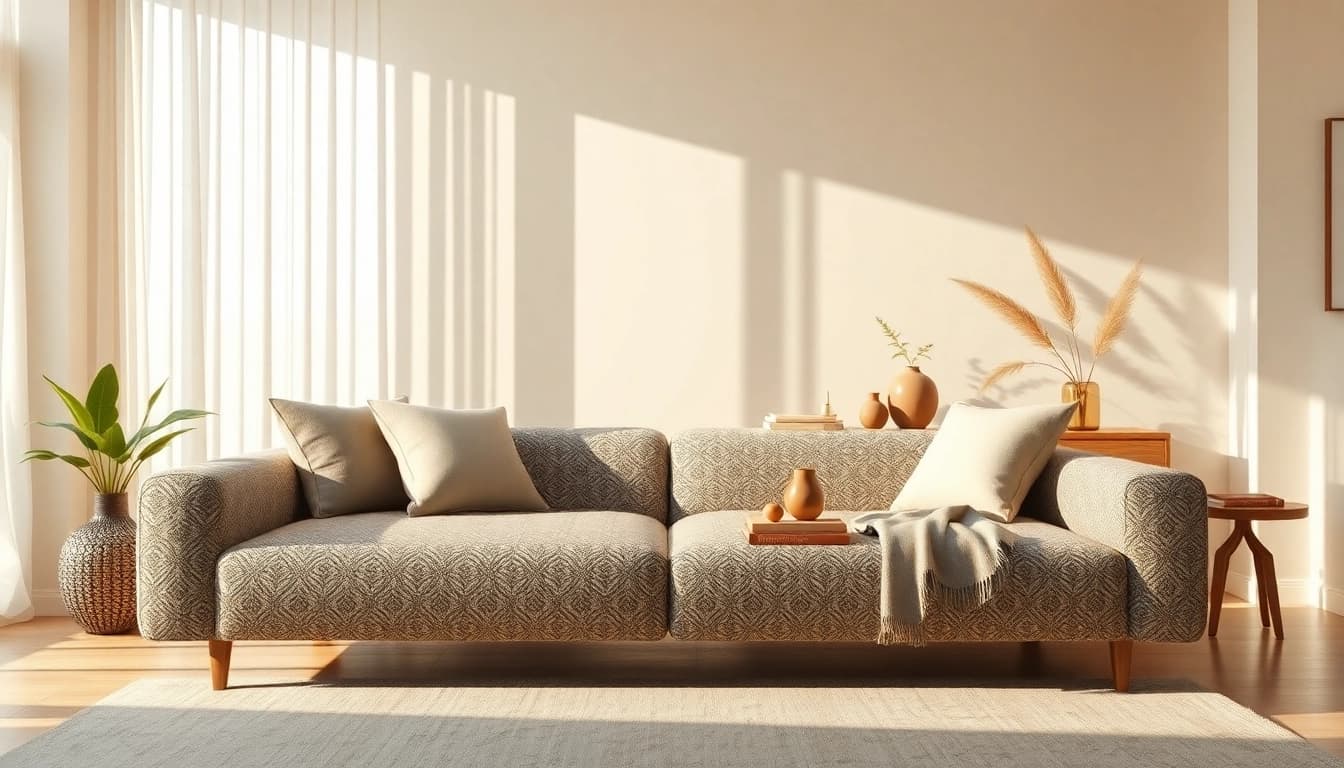 A cozy living room featuring a stylish sofa bed with plush cushions and a throw blanket