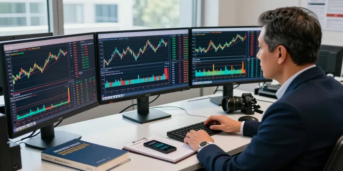 Trader analyzing forex market live prices on multiple screens with dynamic charts and financial documents.