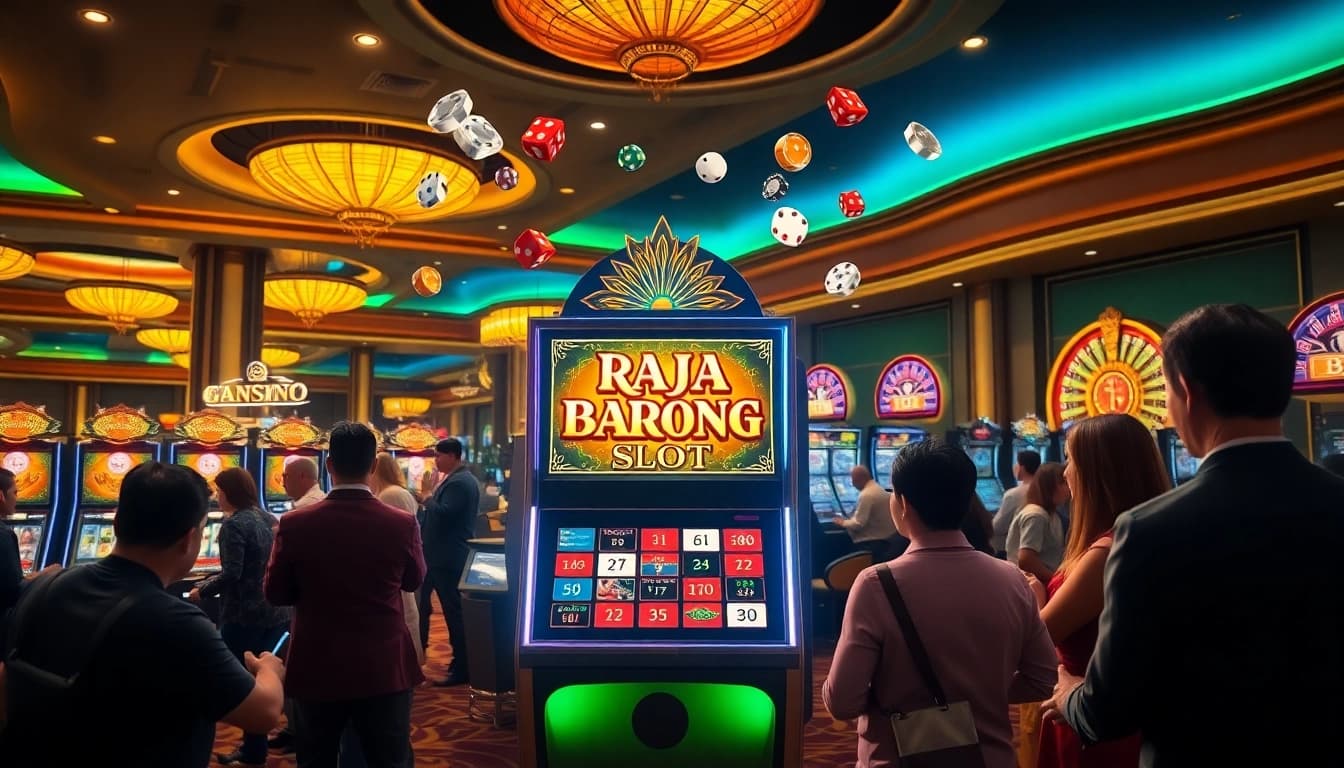 Engaged players at the Raja Barong Slot machine in an elegant casino setting.