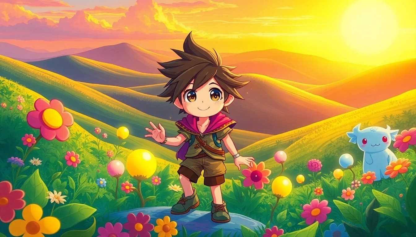 Sora, a whimsical character, embodies adventure in a colorful, magical landscape.