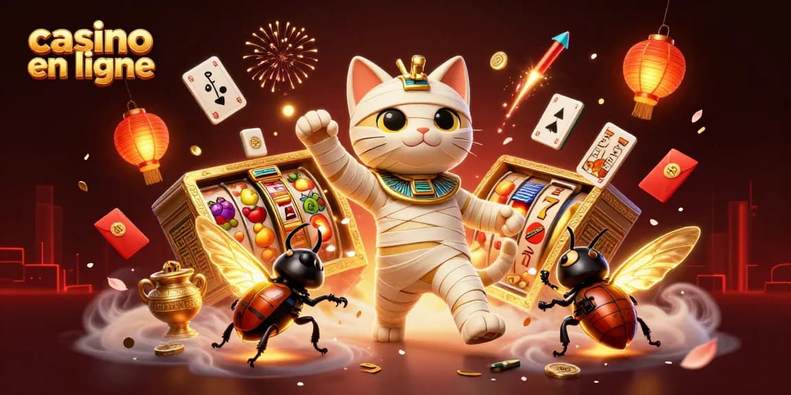 Visitez le casino en ligne avec un chat momie égyptien, des symboles et des lanternes apparaissant dans une illustration ludique.