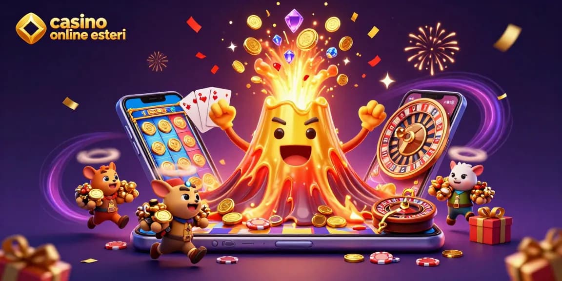 Immergiti nei casinò online esteri, in un'illustrazione ricca di emozioni con un vulcano dorato e avventure epiche.