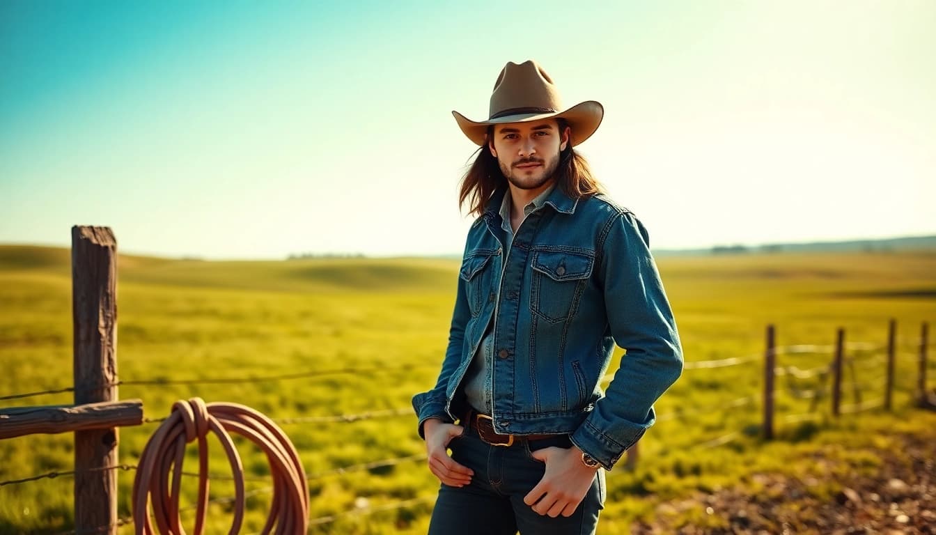 Model in stylish ranch wear Canada at a scenic Canadian ranch against a vibrant natural backdrop.