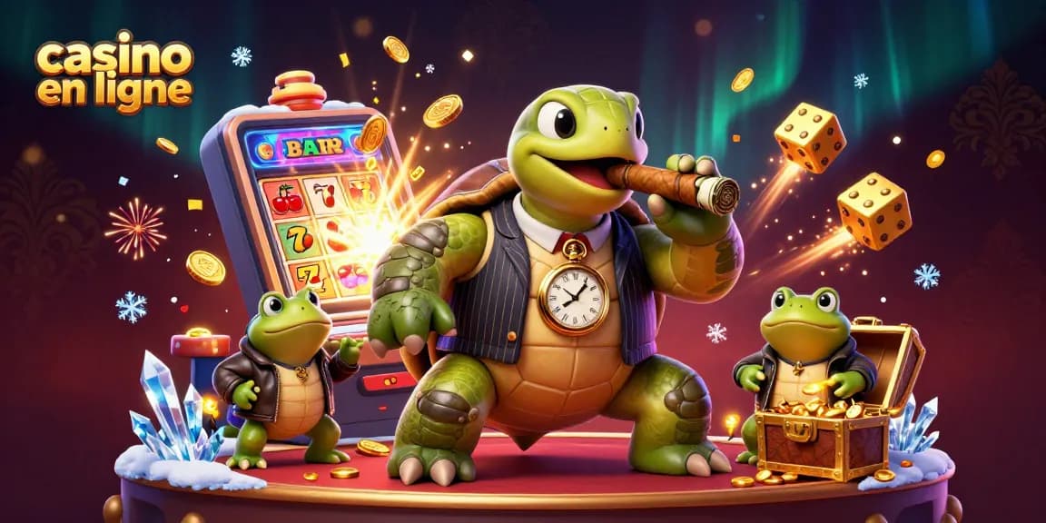 Casino en ligne : Pile de pièces et un iguane en costume entouré de machines à sous éclatantes