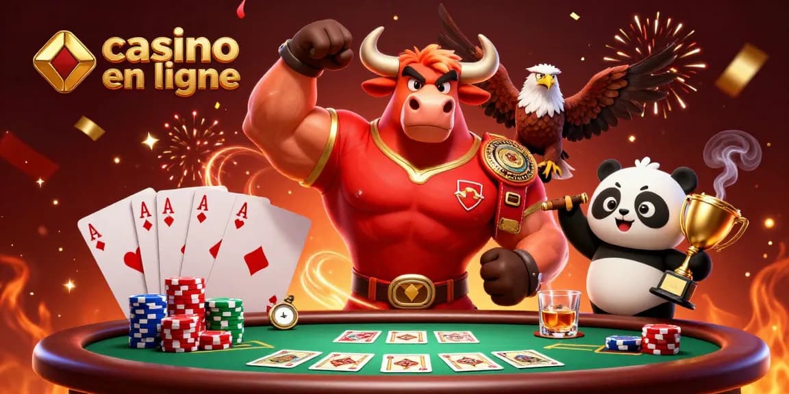 Victoire au casino en ligne avec un bull et un panda, célébrant le succès