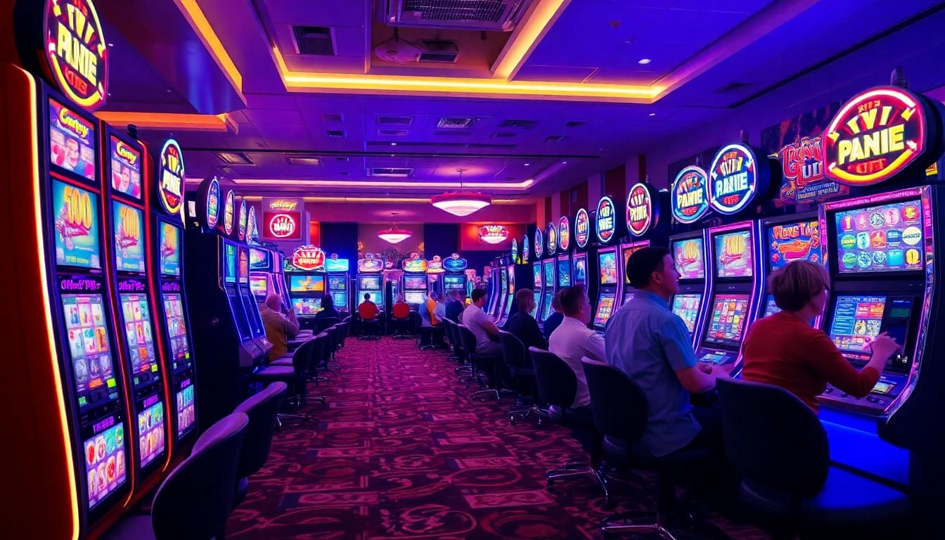 Suasana permainan qqslot777 dengan mesin slot penuh warna dan lampu terang di kasino.