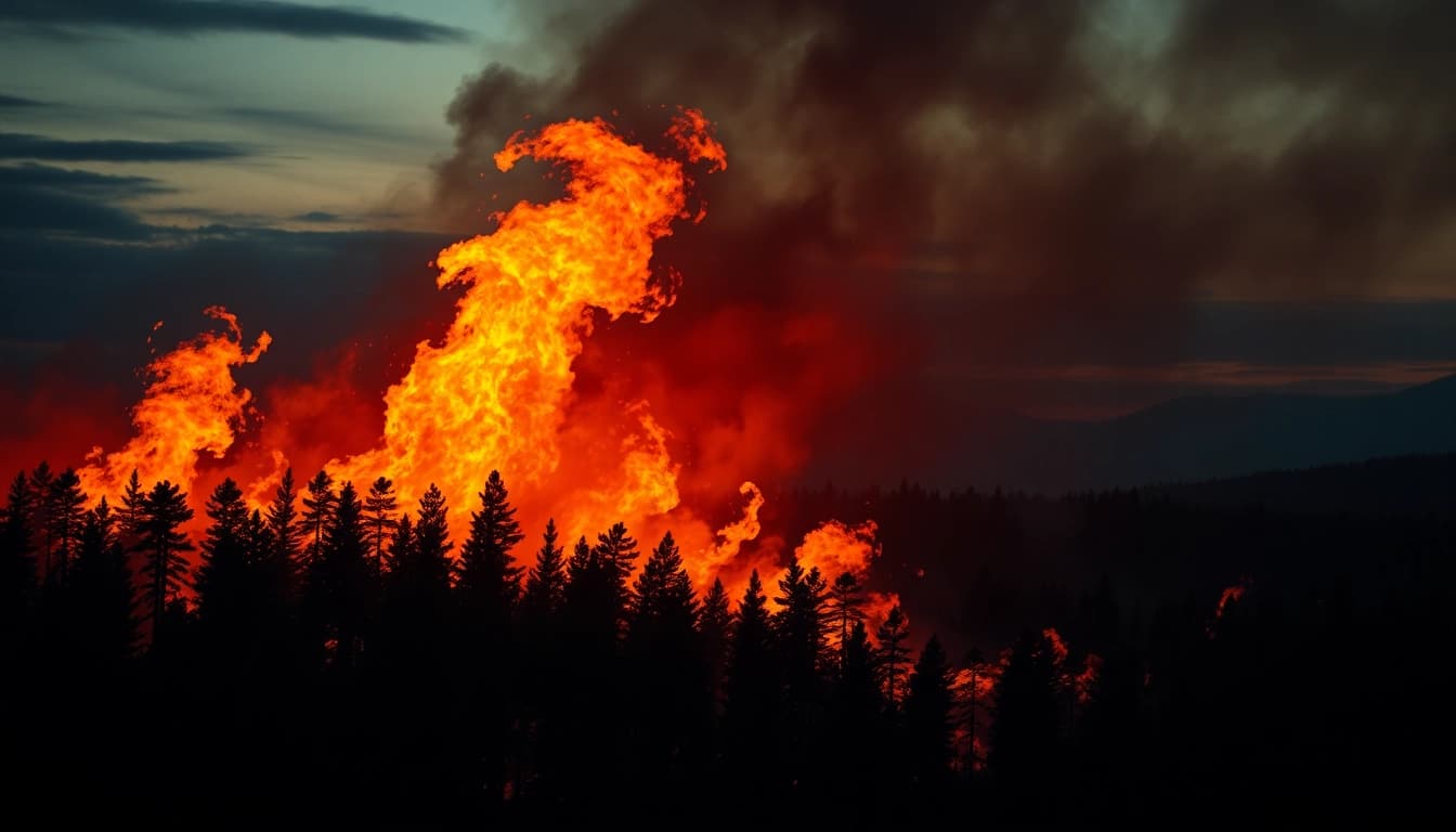 Wildfire events blazing through a dense forest, showcasing the intensity of fire and smoke.