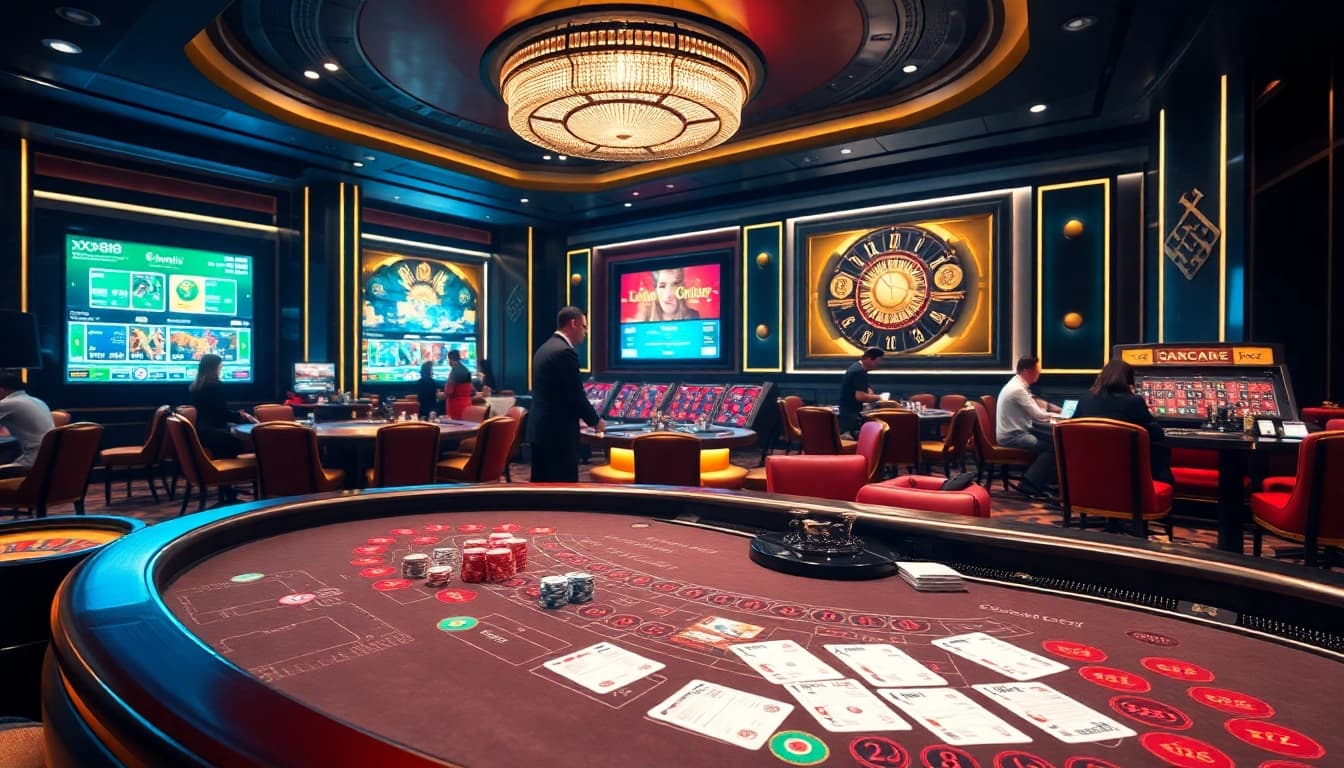 Excited gamblers playing baccarat at the XX88 online casino with vibrant chips and roulette wheels.