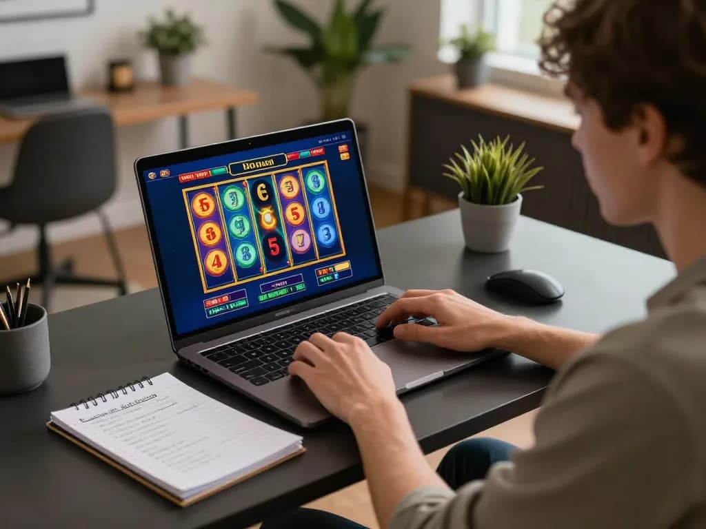 Engaged player enjoying slot gacor malam ini on laptop in modern home office.