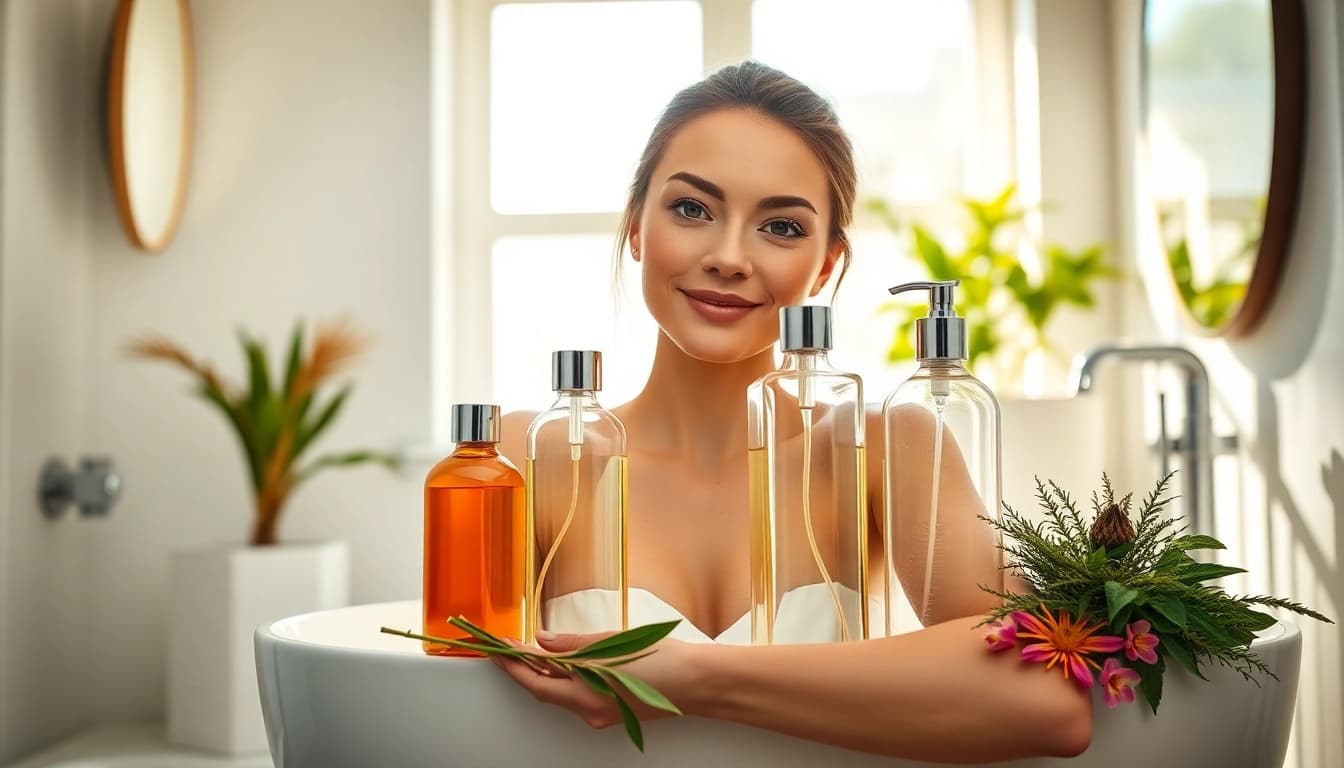 Naudojanti ekologiška kosmetika moteris demonstruoja natūralius grožio produktus.