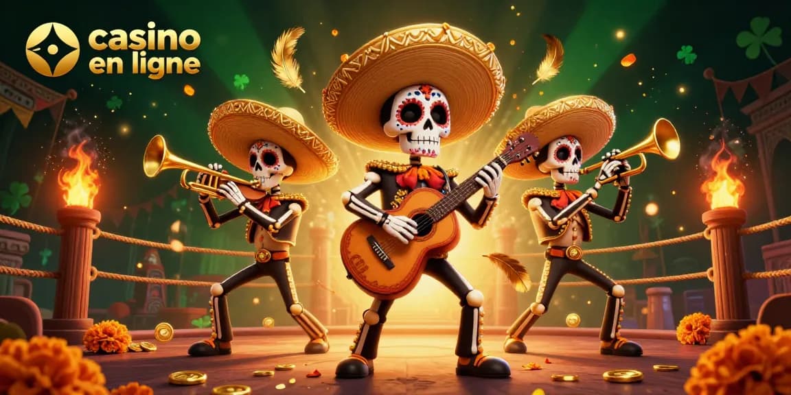 Découvrez des mariachis squelettes dans un casino en ligne coloré avec des pièces d'or et des jeux d'argent.