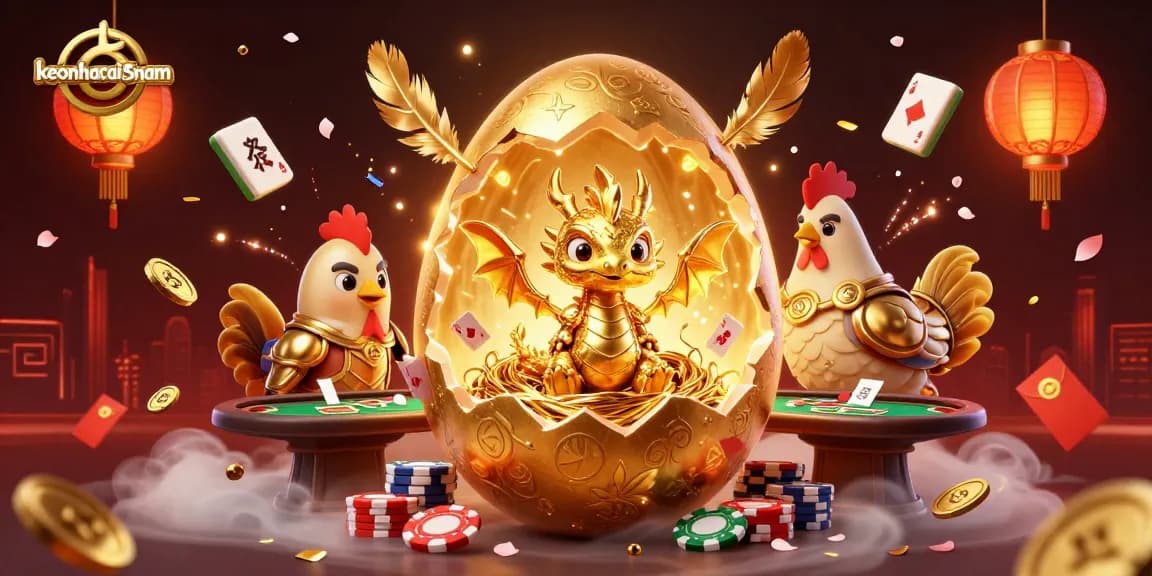 Engage with the thrilling world of keonhacai5nam, featuring a golden egg unveiling a baby dragon amid lively poker elements.