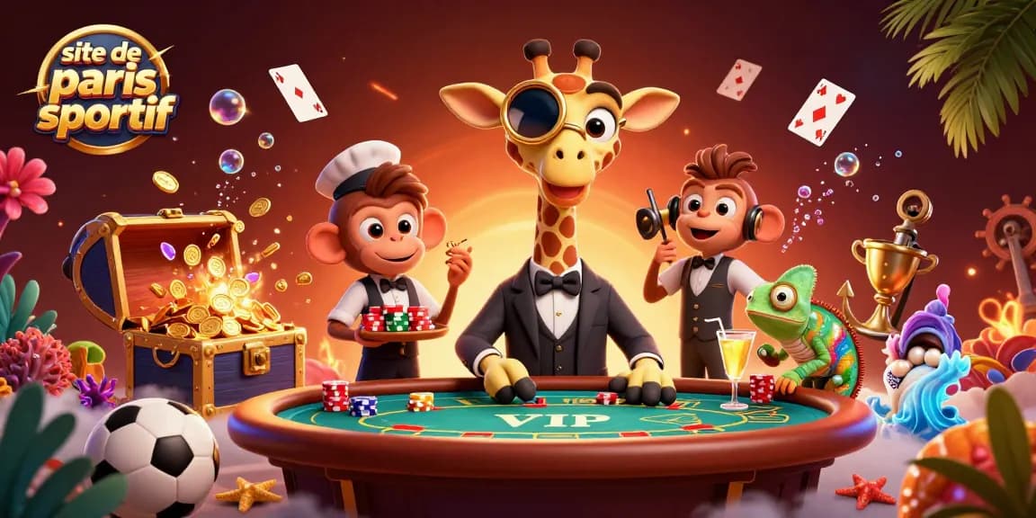 Dans le site de paris sportif, un girafe joueur de poker se met en scène avec un valet et un barman.