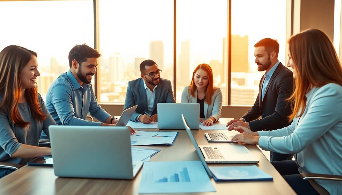 Engaging professionals discussing press release distribution strategies in a dynamic office.