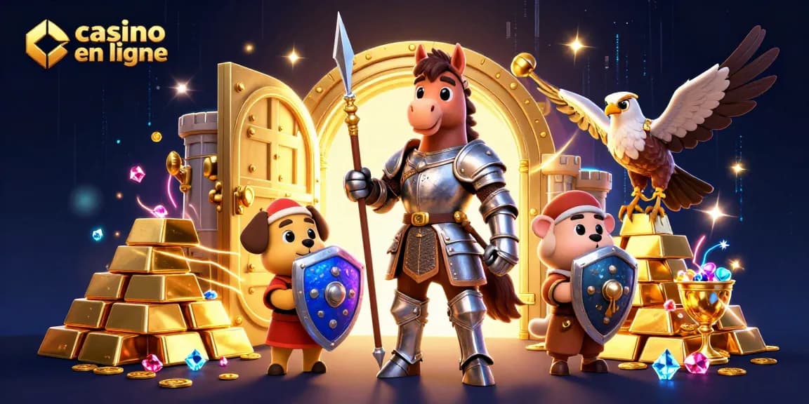 Casino en ligne avec des personnages colorés et des trésors lumineux dans un monde ludique.