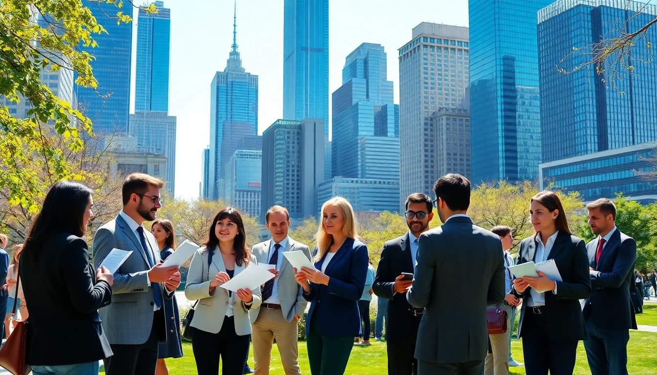 Explore vibrant professionals networking for jobs new york in a bustling NYC setting.